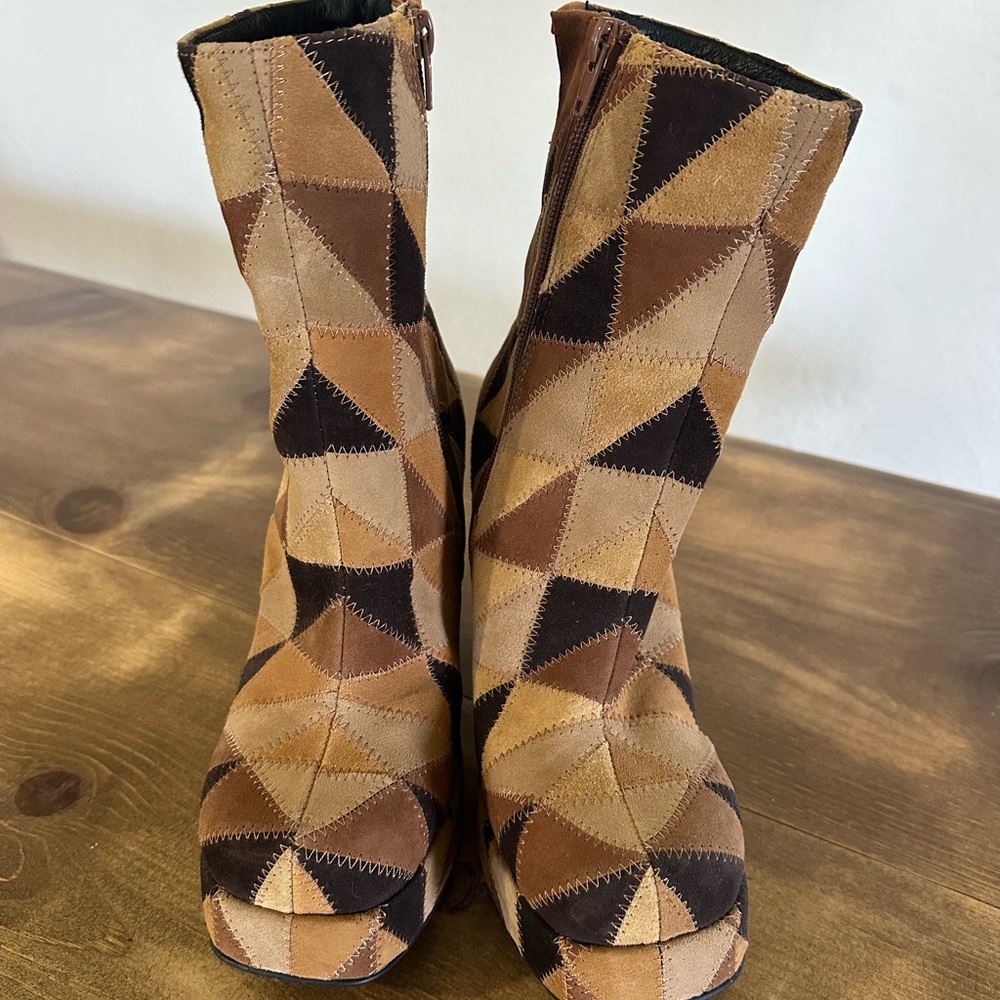 Jeffrey Campbell x Free People Brown Multi Patchwork Suede Mid-Calf Boots